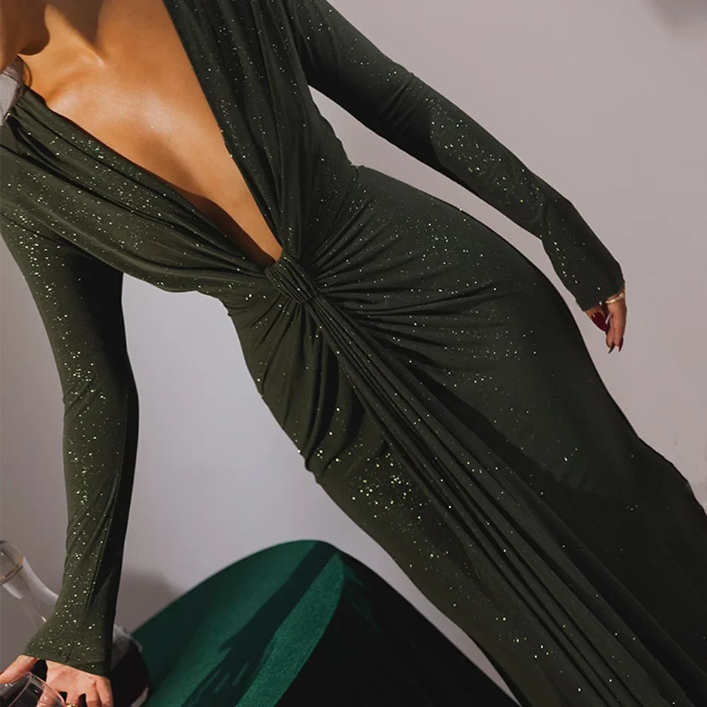 Elastic Deep V - Fold Lace Maxi Dress - View 19