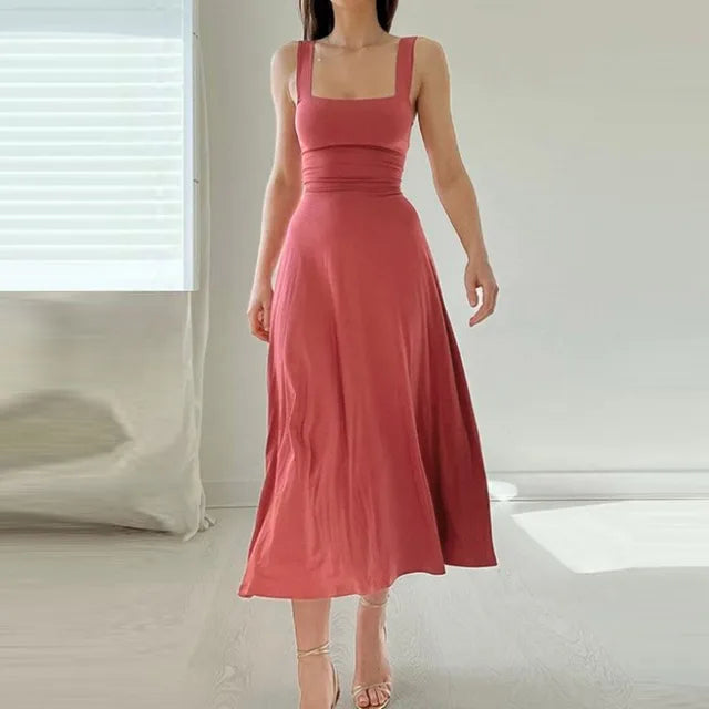 Square Neck Wide Strap Fitted Bodice A-Line Midi Dress - View 6