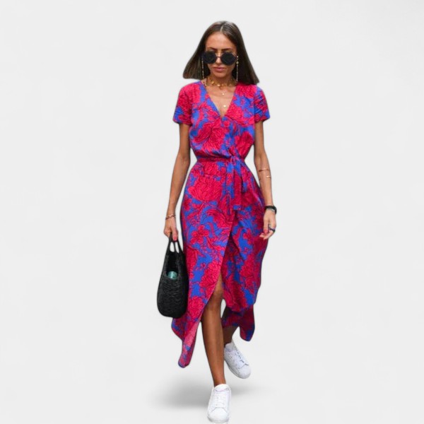 Floral V-Neck Short Sleeve Belted Wrap High Low Midi Dress 4
