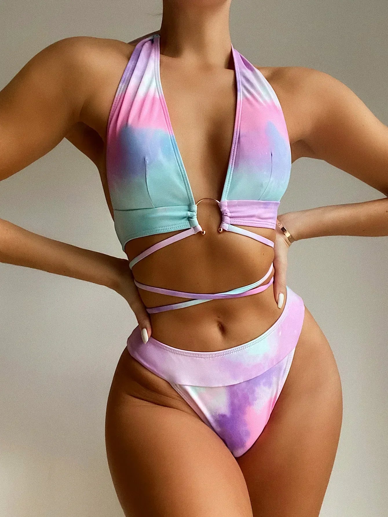 Print Bandage Halter Metal Ring Bikini Set - Fashionpara