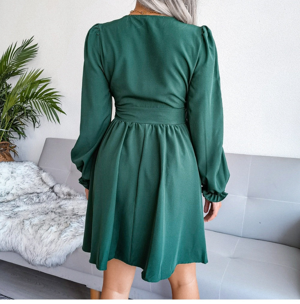 Deep V-Neck Puff Sleeve Ruched Waist A-Line Mini Dress - View 6