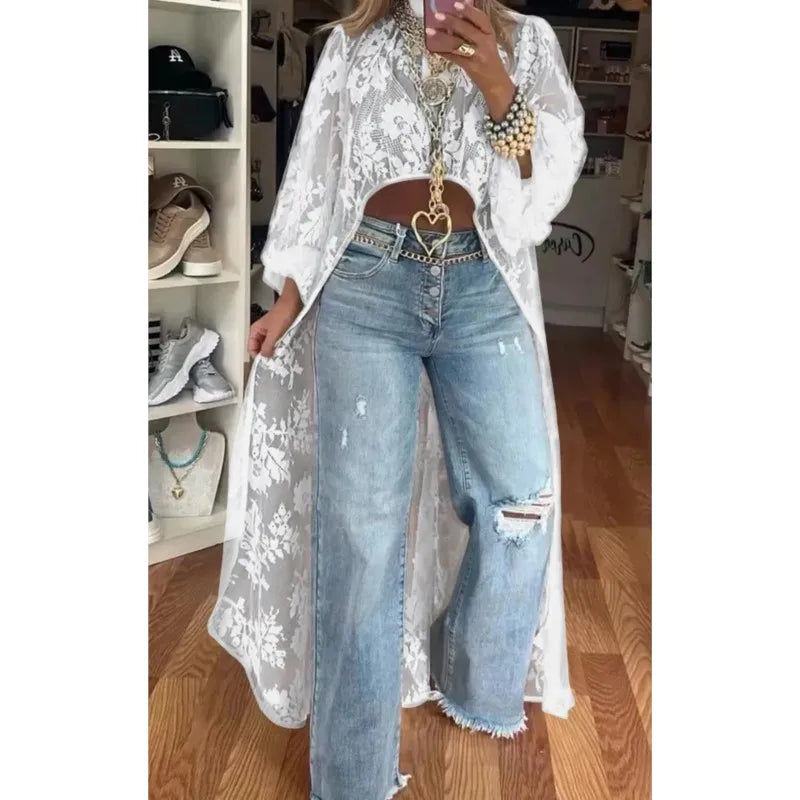 Lace Floral High Neck Puff Sleeve Blouse