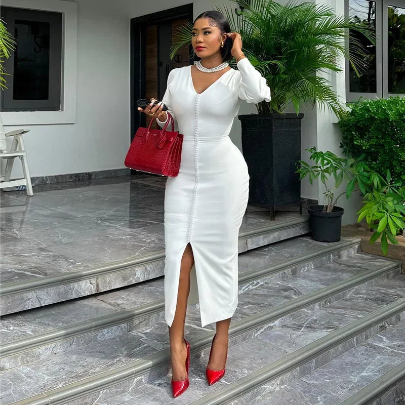 Beading White High Waist Casual Streetwear Work Dress