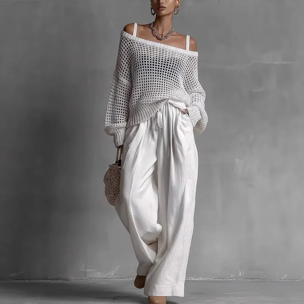 Open Knit Off Shoulder Top and Wide Leg Pants Two Piece Set 2
