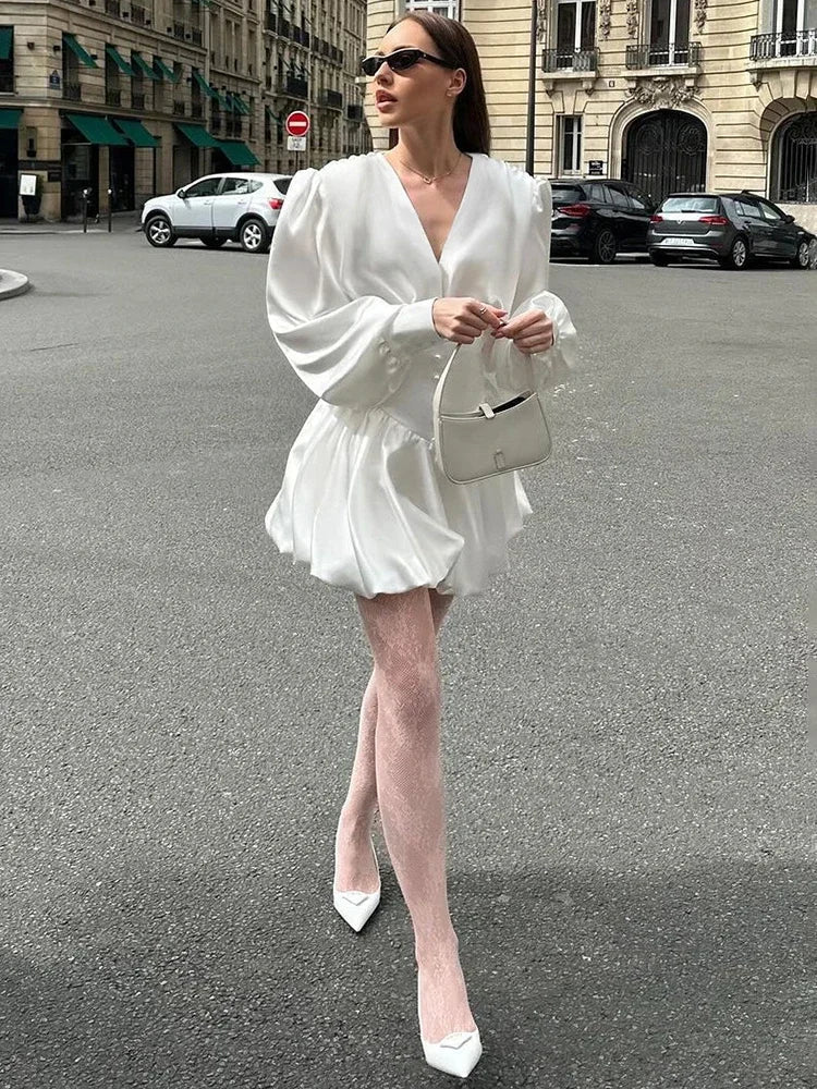 Deep V-Neck Puff Sleeve Corset Waist Bubble Skirt Mini Dress - View 2