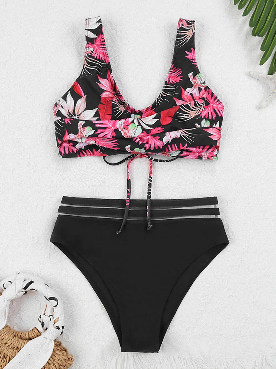 Drawstring Strap Tape Print Two Piece Set