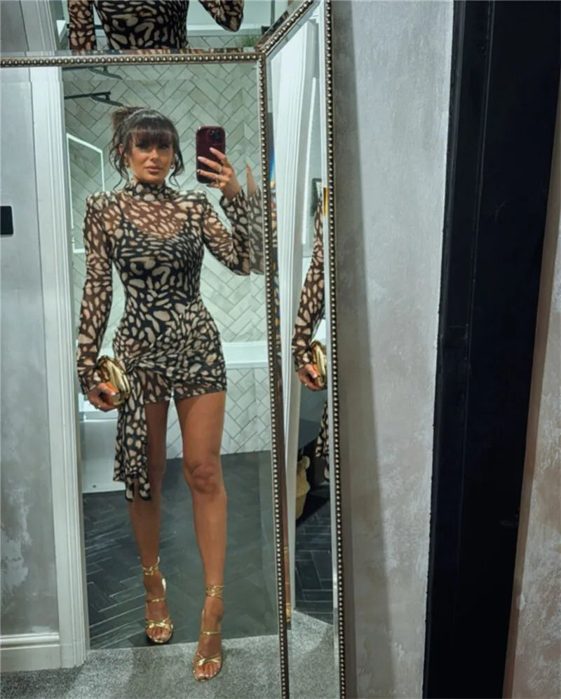 Mesh Leopard Print Turtleneck Mini Dress - View 12