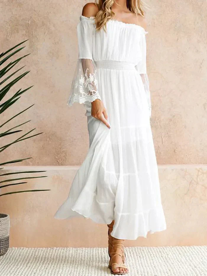 Off Shoulder Lace Bell Sleeve Smocked Tiered Chiffon Maxi Dress - View 2