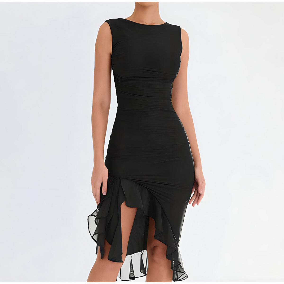 Ruched Crew Neck Sleeveless High Low Ruffle Hem Midi Dress - View 2