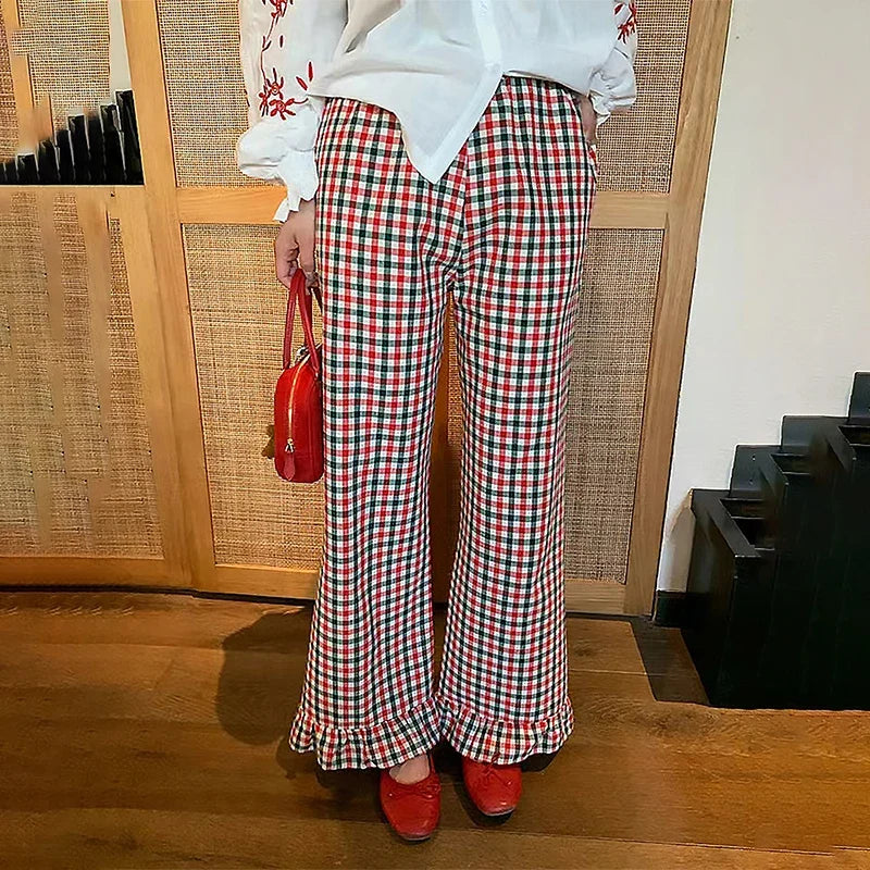 Ruffled Plaid Flared Casual Pant