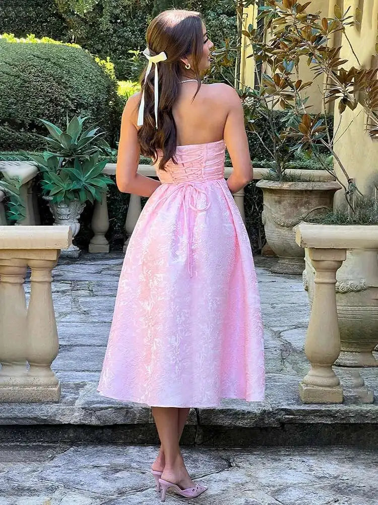 Floral Jacquard Strapless Pleated A-Line Midi Dress 4