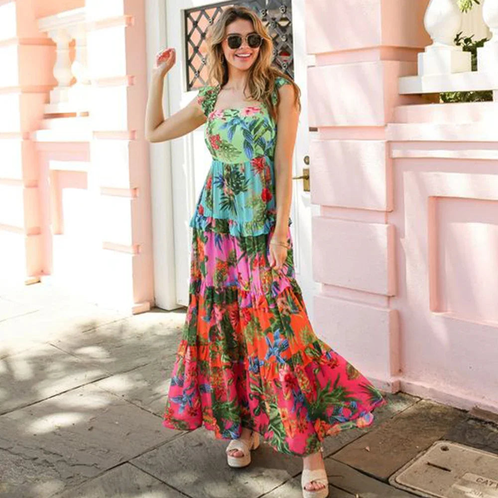 Sling Ruffle Print Skirt Two Piece Set