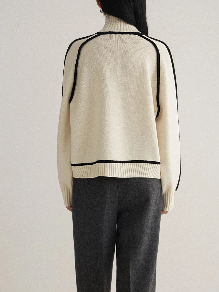 Turtleneck Long Sleeve Contrast Piped Oversized Sweater 6
