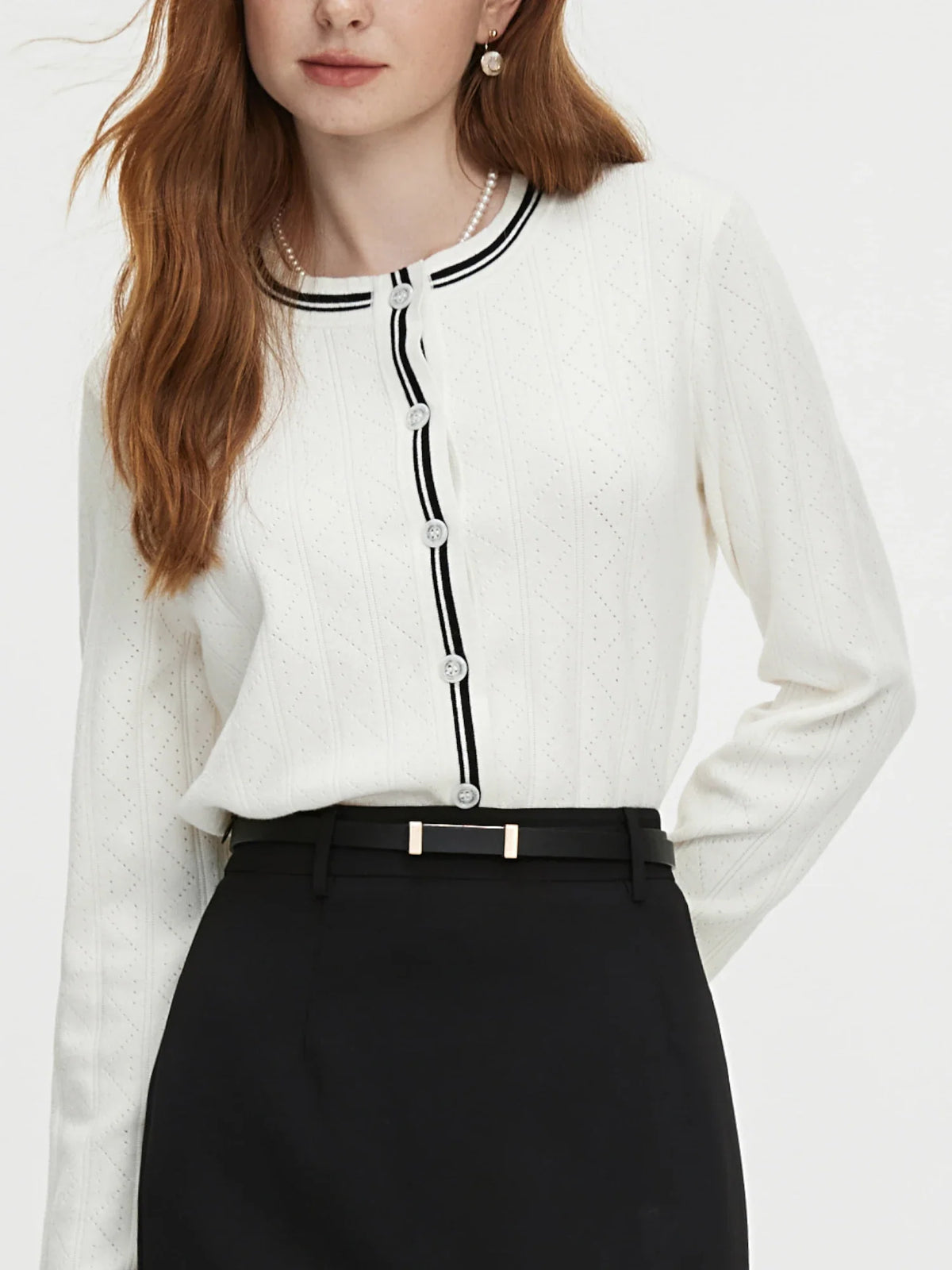 Contrast Color Round Neck Knit Cardigan