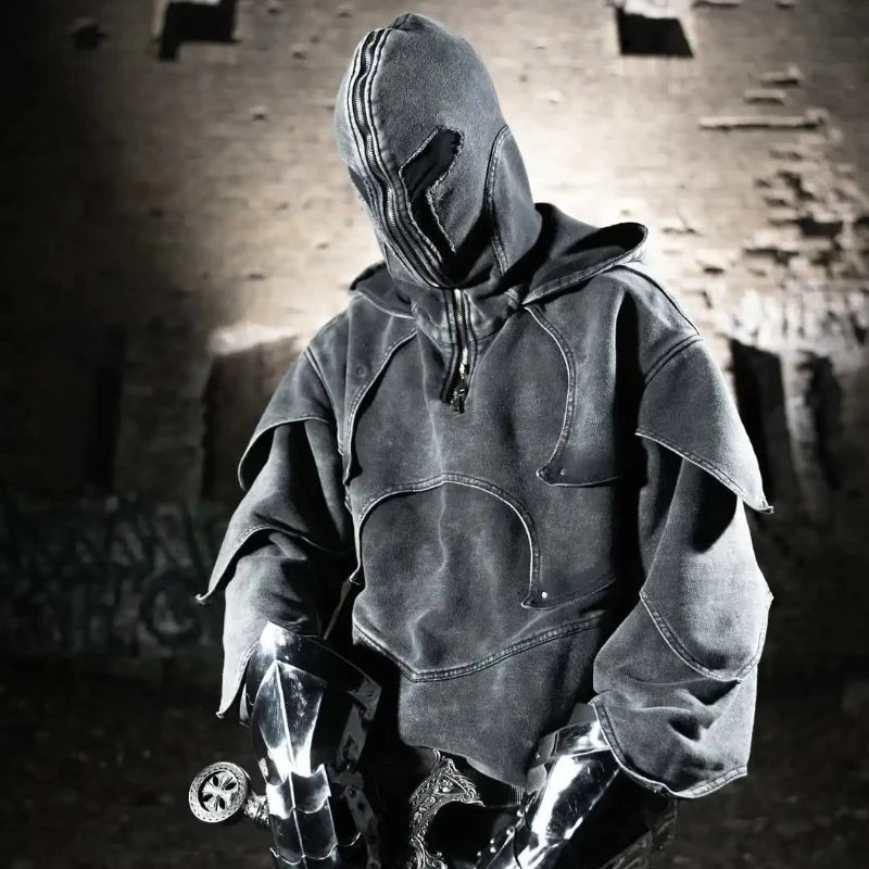 Dark Denim Patchwork Pullover Hoodie