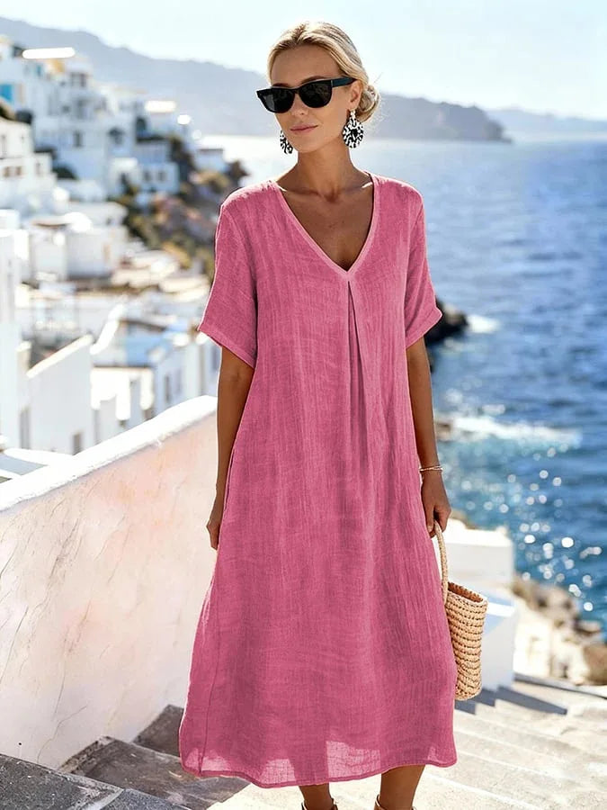 V-Neck Short Sleeve Linen Look Midi Dress 7