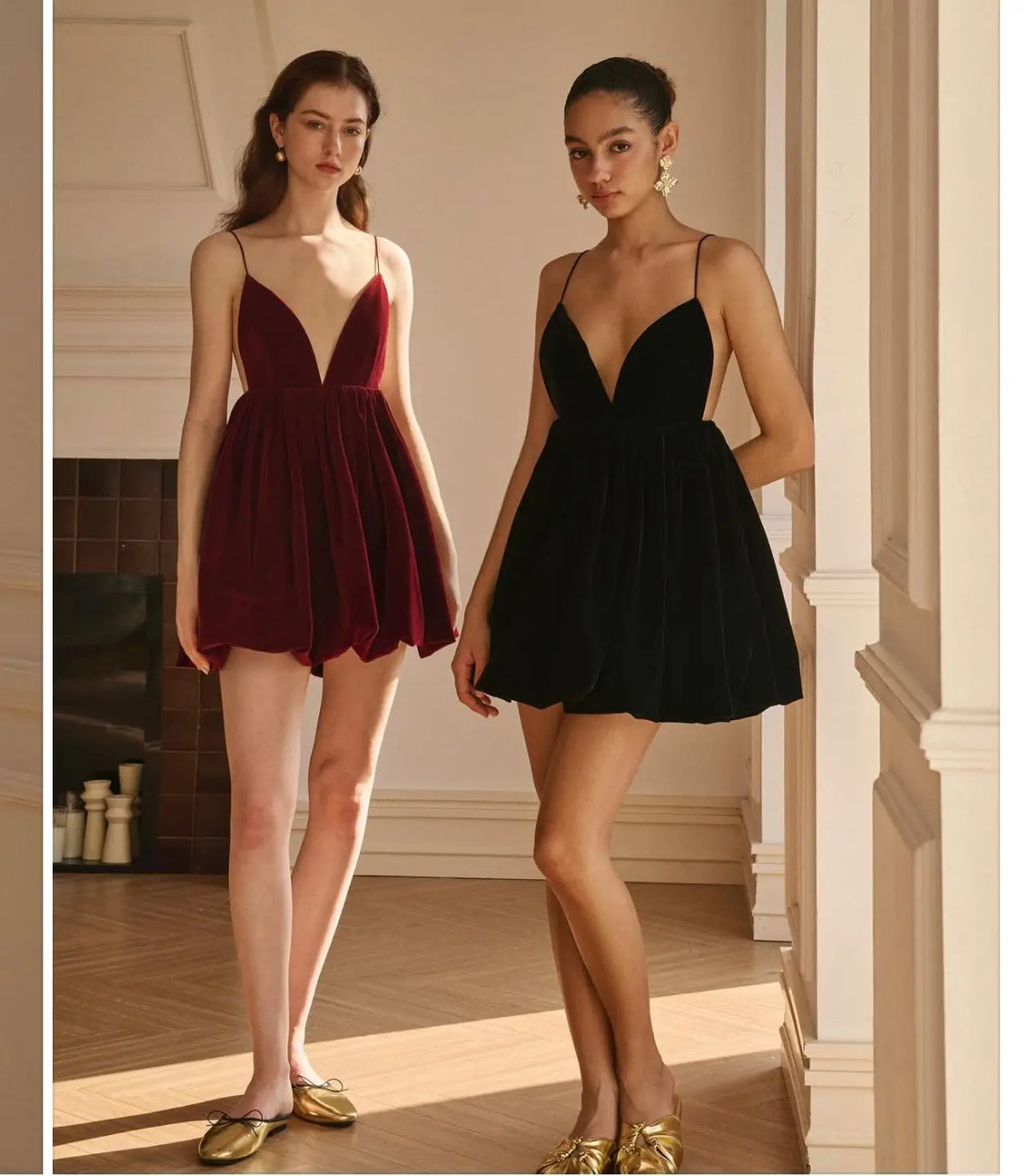 Velvet Deep V Neck Mini Lantern Dress - View 4