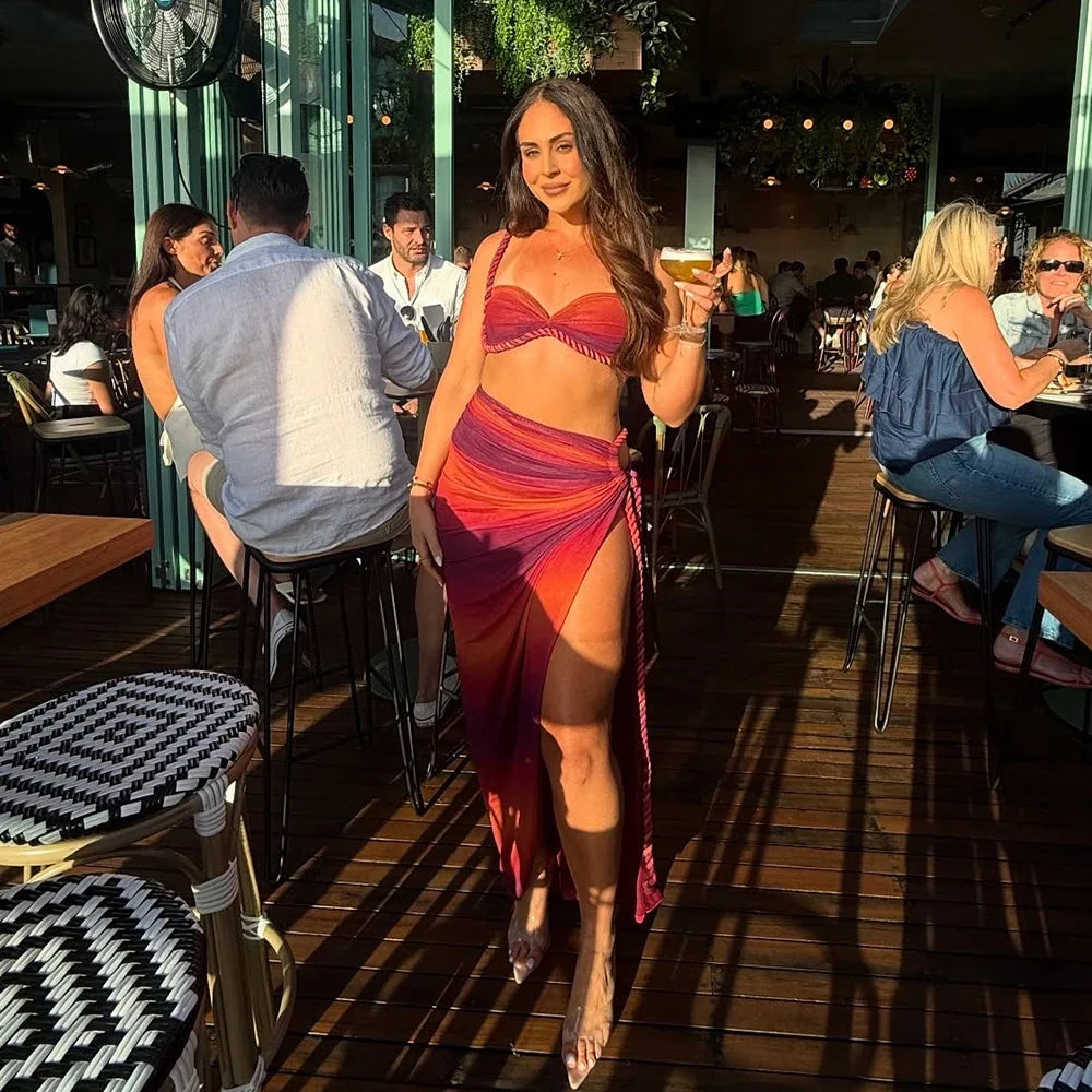 Gradient Cover Up Push Up Long Skirt Three Piece Swim Sets