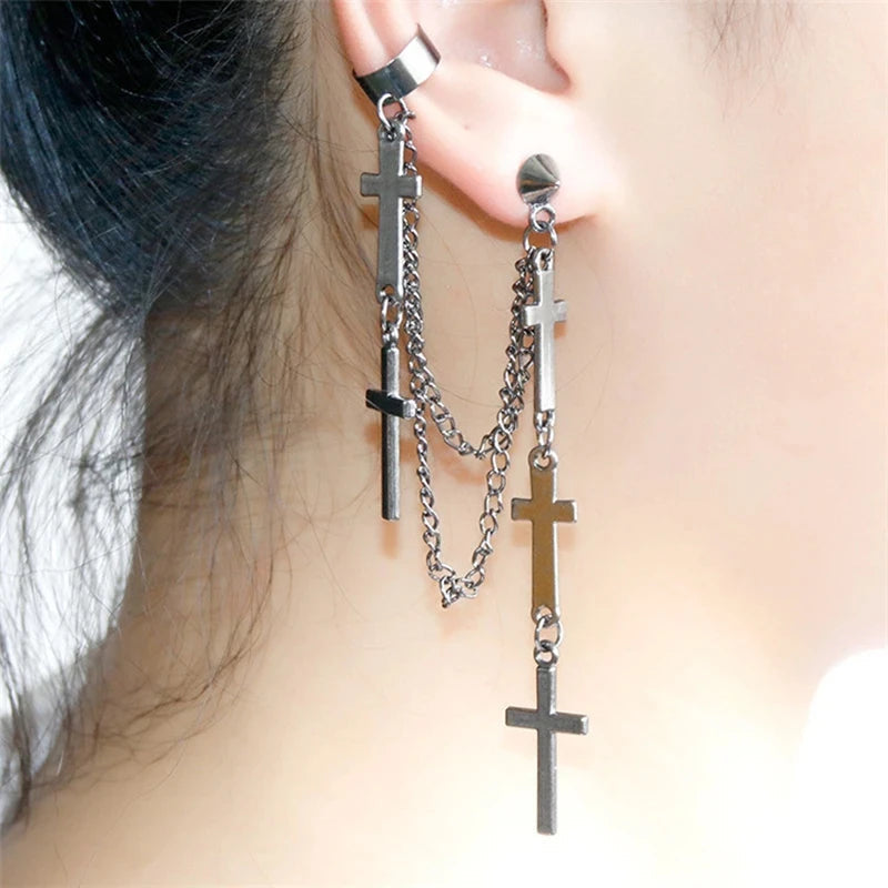 Genderless Punk Cross Fringe Chain Clip Earring