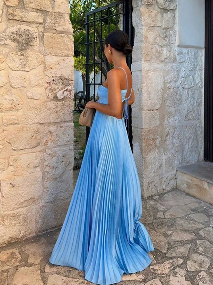 Pleated Blue Halter Maxi Dress