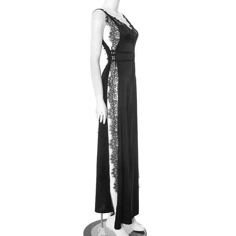 Lace Satin Patchwork High Split Maxi Dress - View 14