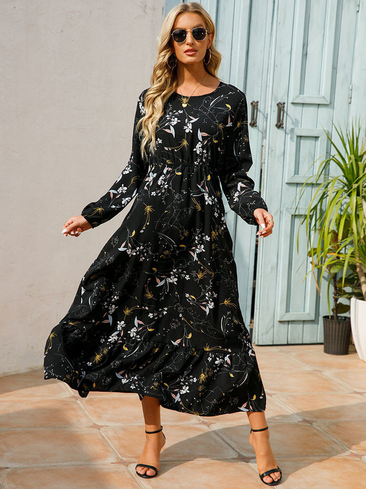 Floral Long Sleeve Round Neck Tiered Midi Dress 7