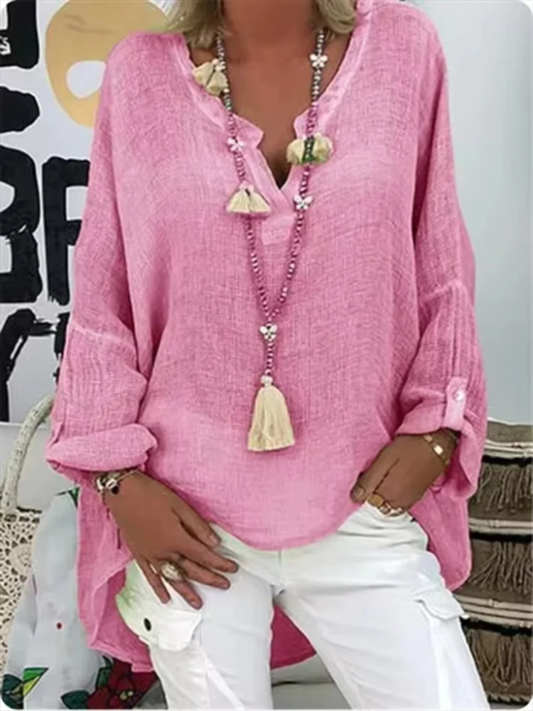 Notch Neck Long Sleeve Oversized Linen Blouse 2