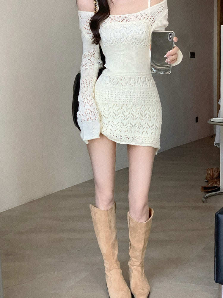 Pointelle Knit Off Shoulder Bodycon Mini Dress