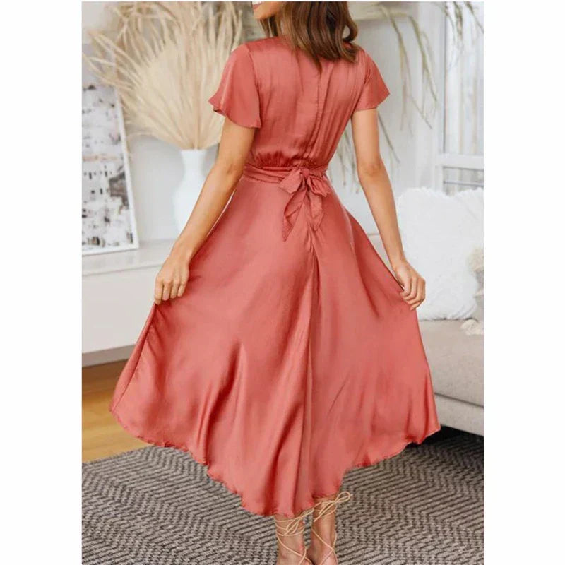 Deep V-Neck Tie Front Knot Flutter Sleeve Wrap Effect Dress - View 5