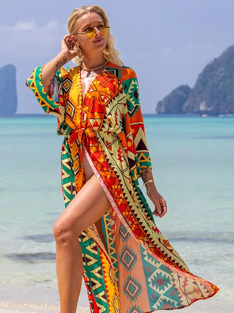 Printed Lace Up Bikini Cover Up