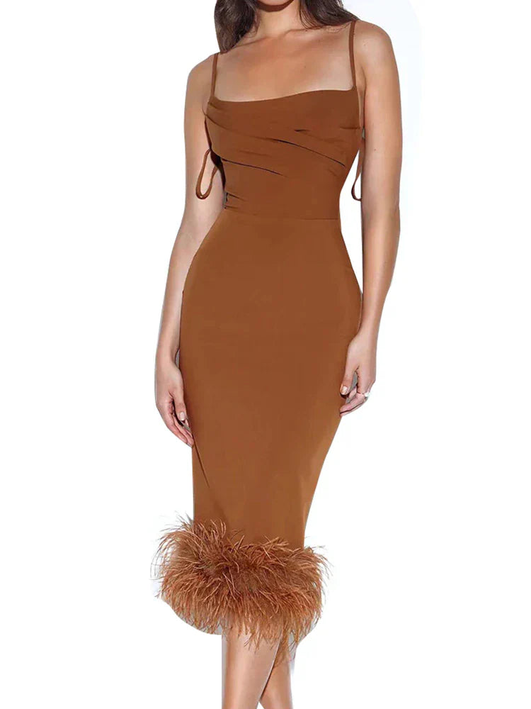 Fatima Feather Trim Bottom Midi Dress - Fashionpara