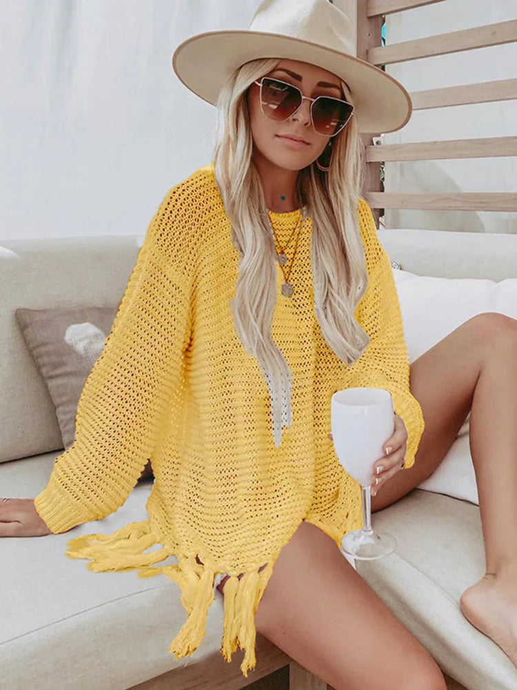 Solid Lace Up Tassel Beach Cover Up