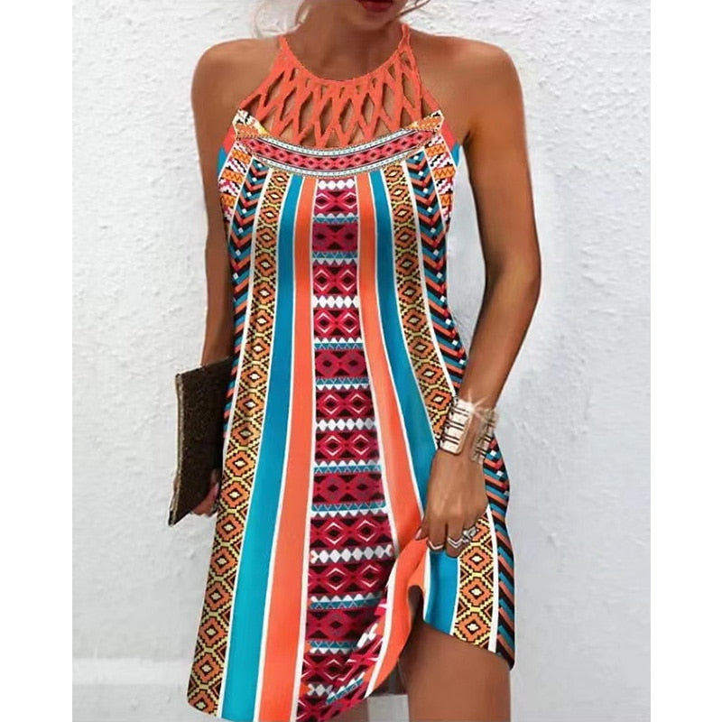Halter Neck Tie Print A-Line Midi Dress