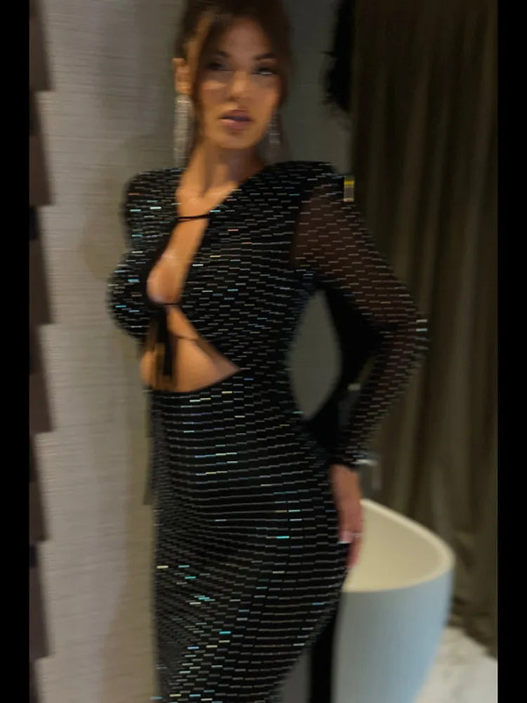 Rhinestone Plunge Long Sleeve Cut Out Bodycon Midi Dress - View 3