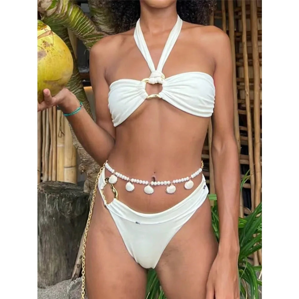 White Halter Low Waist Bikini Set - Fashionpara