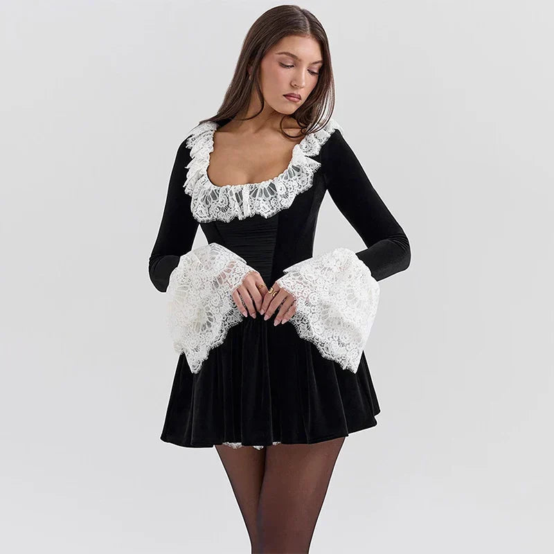 Velvet Lace Patchwork Wrap Mini Dress - View 2