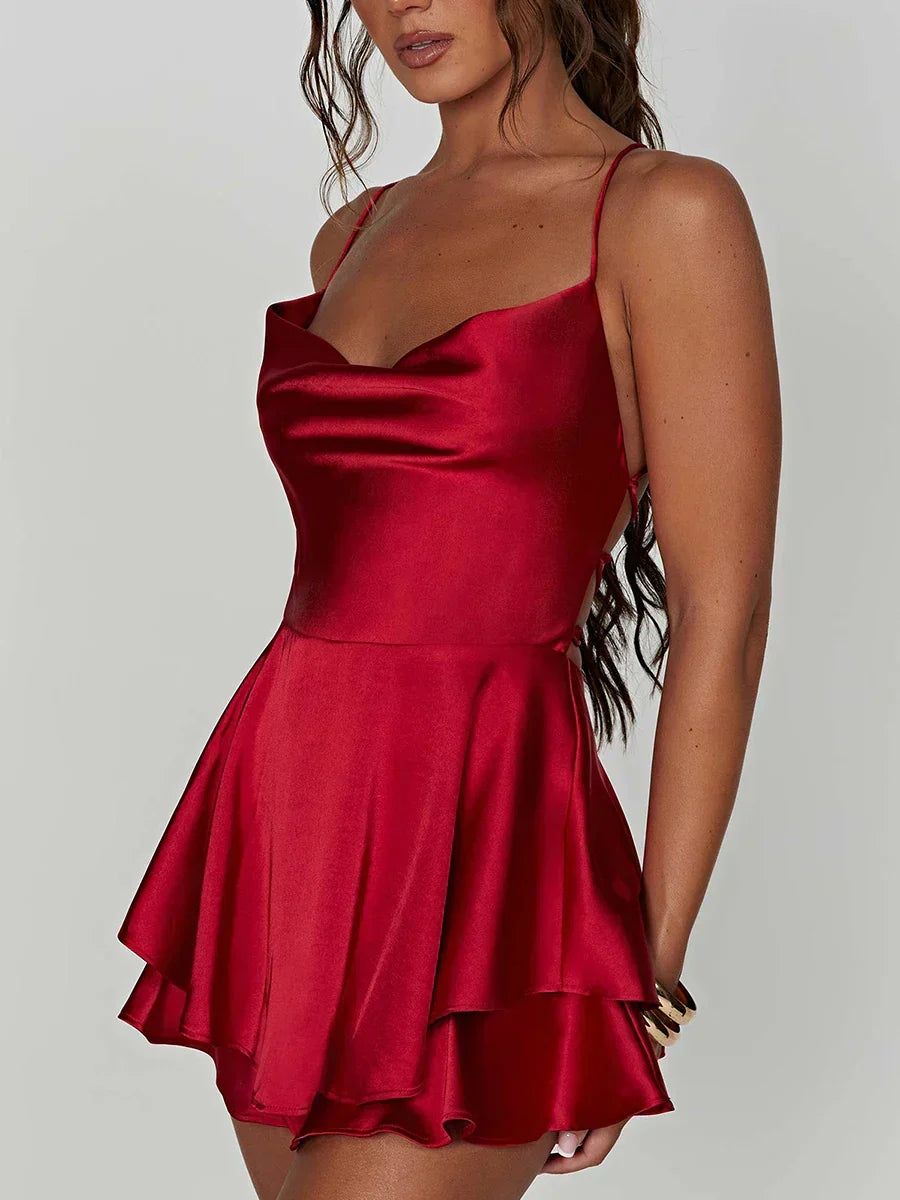 Satin Cowl Neck Tie Back Romper Mini Dress - View 5