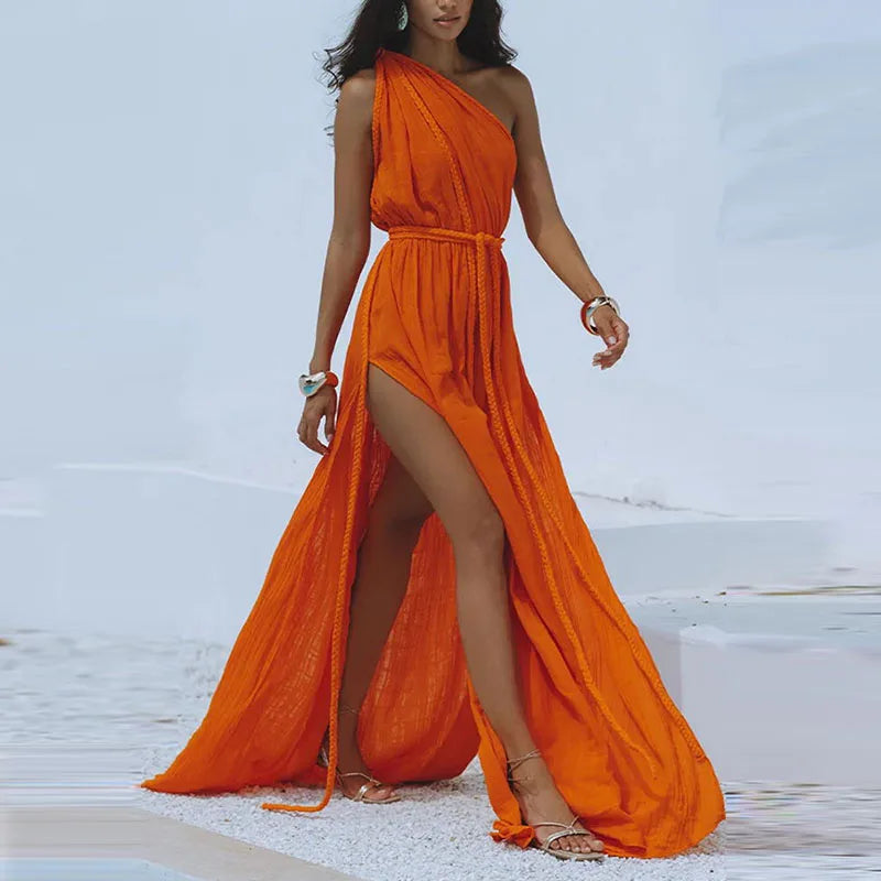 Braided Rope Trim One Shoulder Belted High Split Maxi Dress