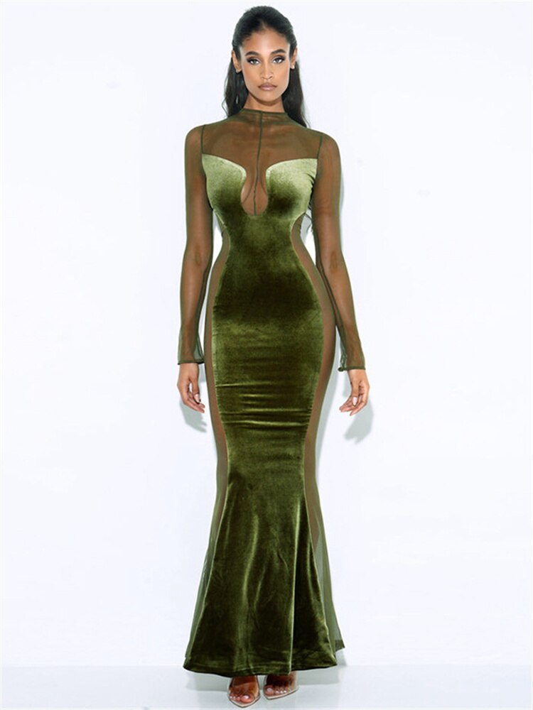 Velvet High Neck Long Sleeve Mesh Panel Mermaid Gown