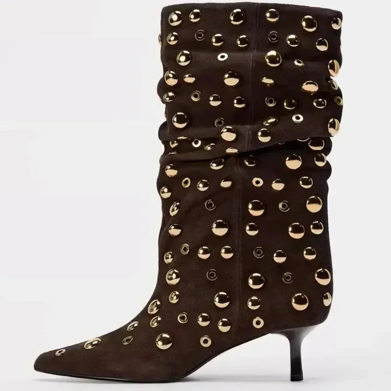 Attractive Rivet Pleated Tall Heel Pointed Gothic Boot