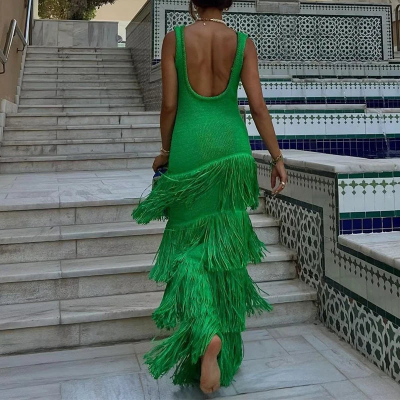 Elegant High Waist Knit Maxi Dress with Tassel Detail