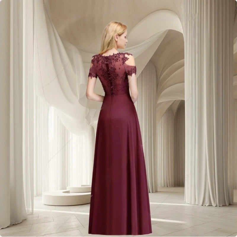 Burgundy A-Line Evening Dress with Illusion Lace Detail - Fashionpara