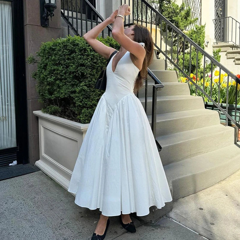 Backless Deep V Spliced Long Midi Dress
