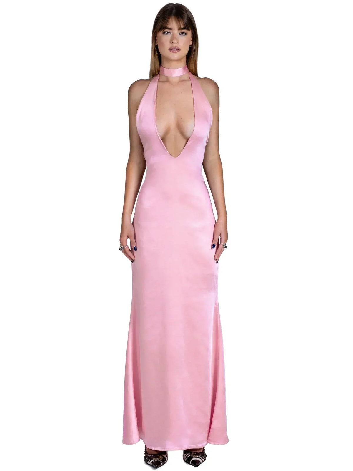 Satin Halter Neck Choker Deep V-Neck Bodycon Maxi Gown - View 8