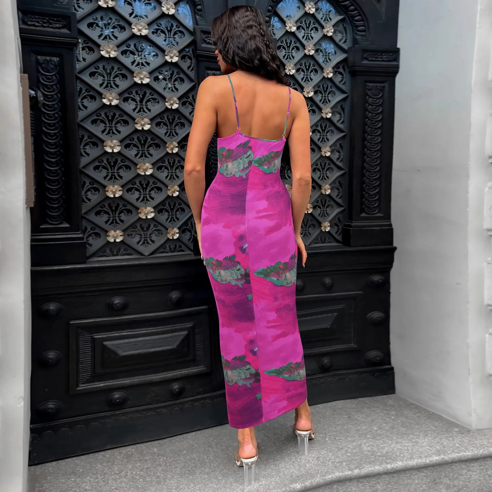 Slim Fit Bag Hip Print Long Sleeve Midi Dress - Fashionpara