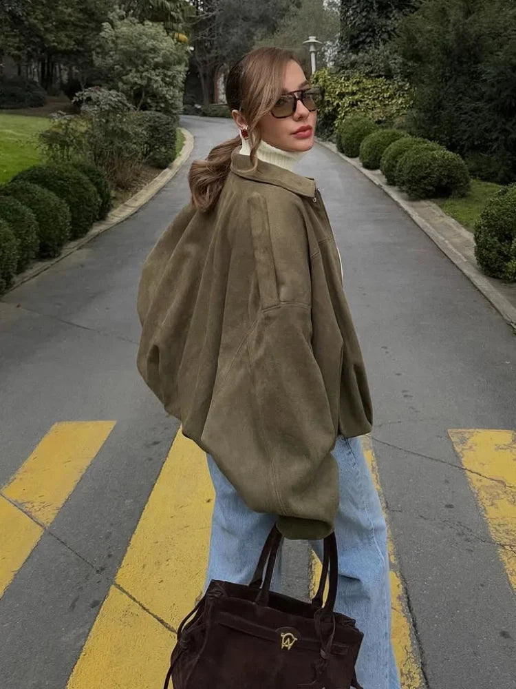 Green Suede Zipper Bomber Coat