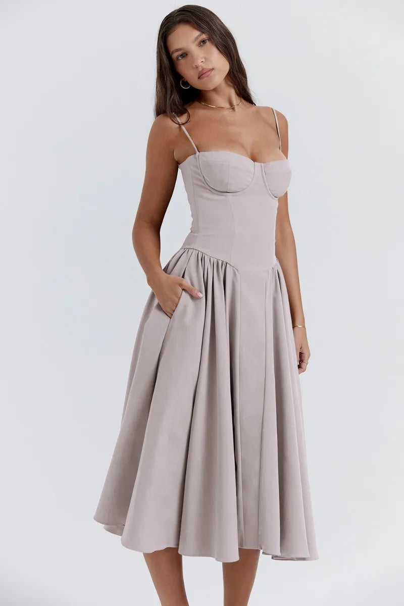 Spaghetti Strap Corset Bodice Pleated Fit and Flare Midi Dress - View 25