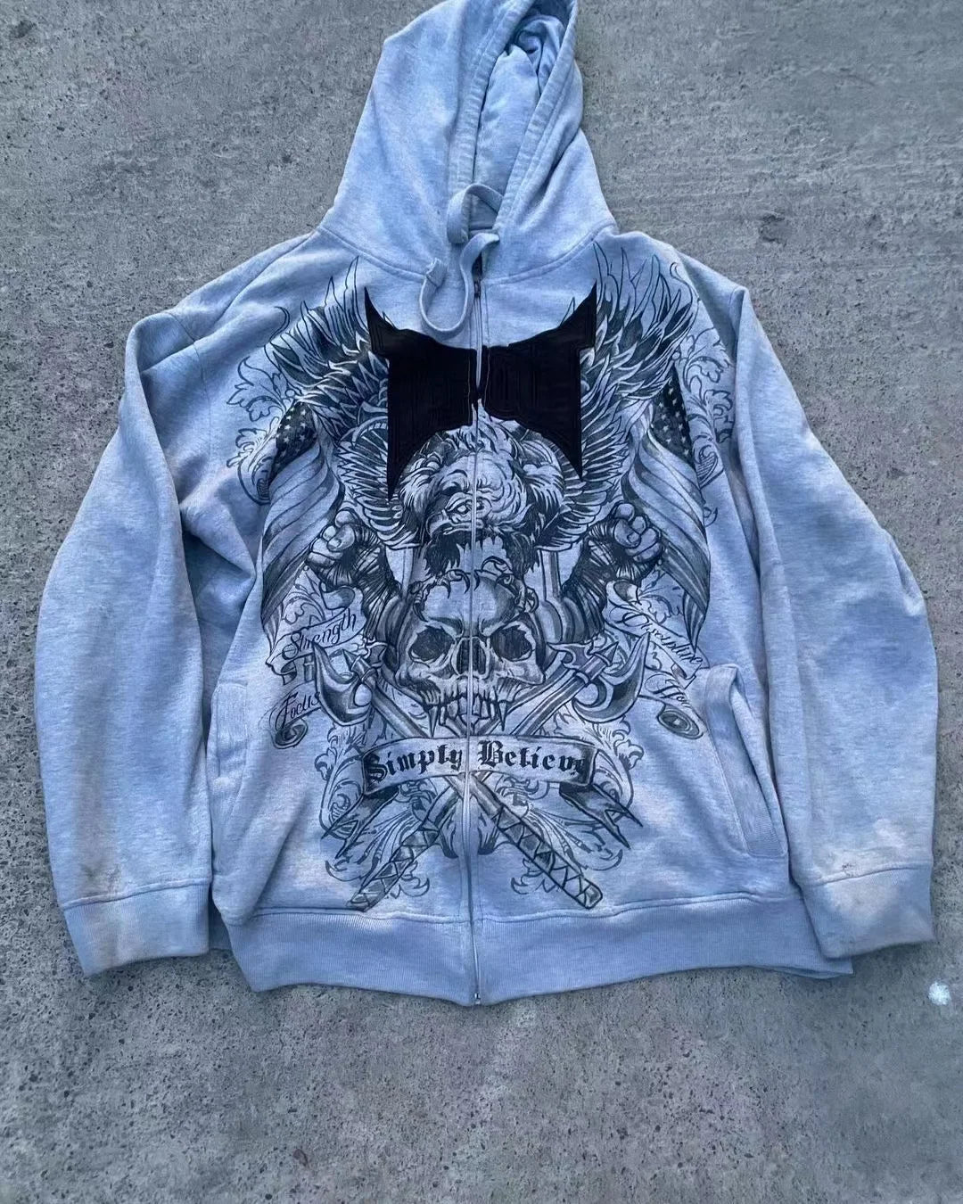 Dark Skull Print Grey Zip Hoodie