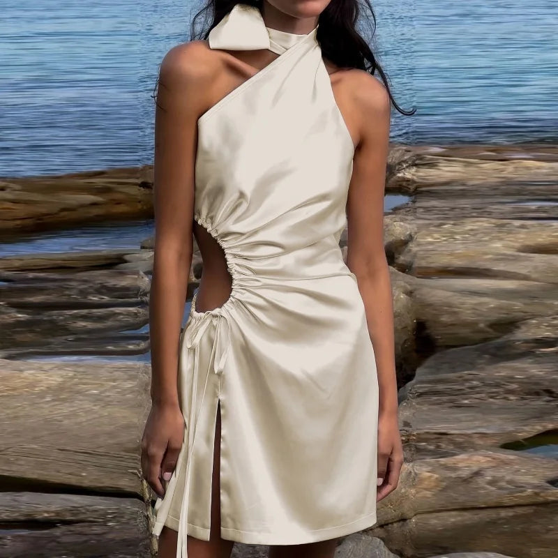 Satin Halter Neck Bow Tie Side Cut Out Ruched High Split Mini Dress