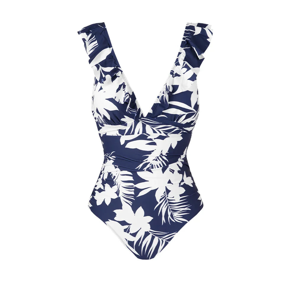 Ruffled V-neck Lace Up Monokini One Piece Set